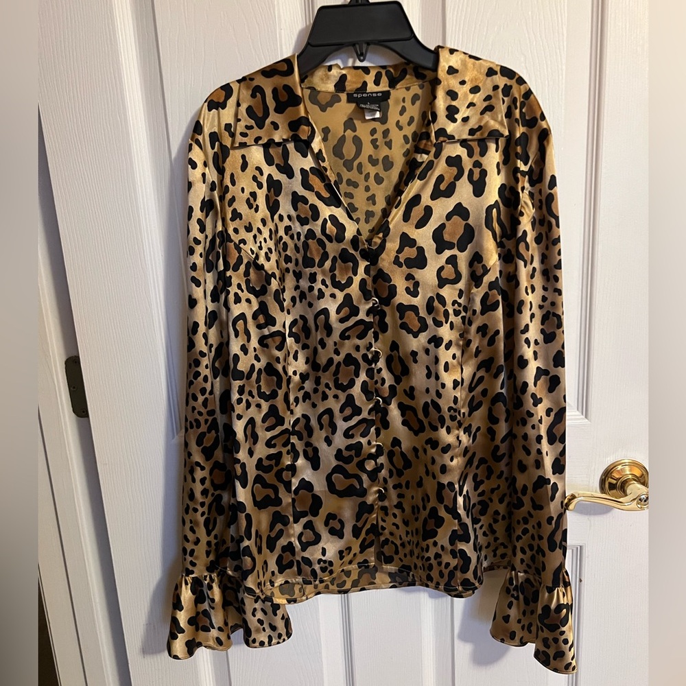 Spense Gold and Black Leopard-Print Relaxed Notched Collar Blouse - Size L